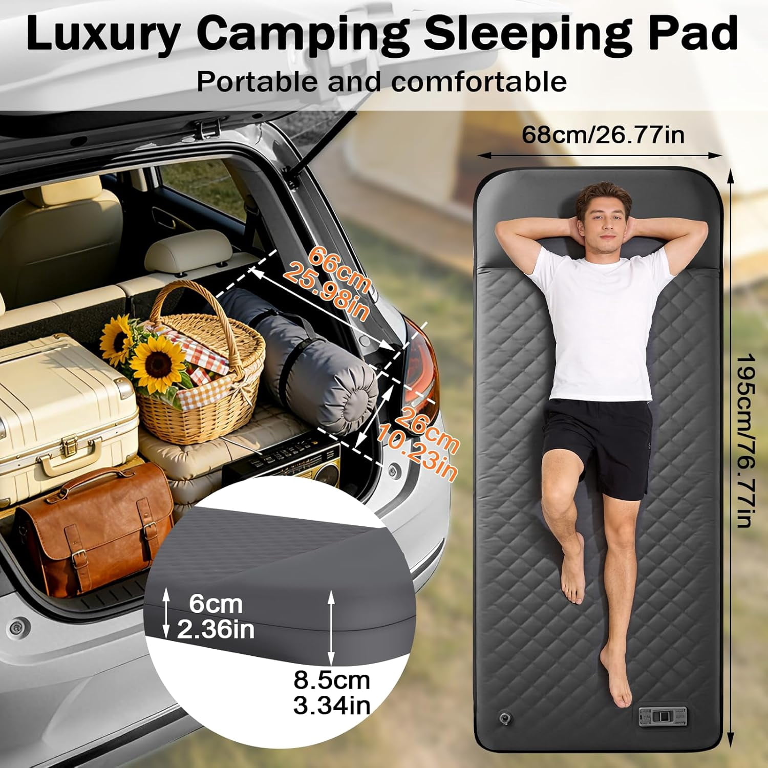 Inflating Sleeping Pad with Electric Pump, 3.15 Inch Ultra-Thick Memory Foam Camping Mattress with Built-In Pillow, 4  Sleeping Bag for Outdoor Travel Tent Car