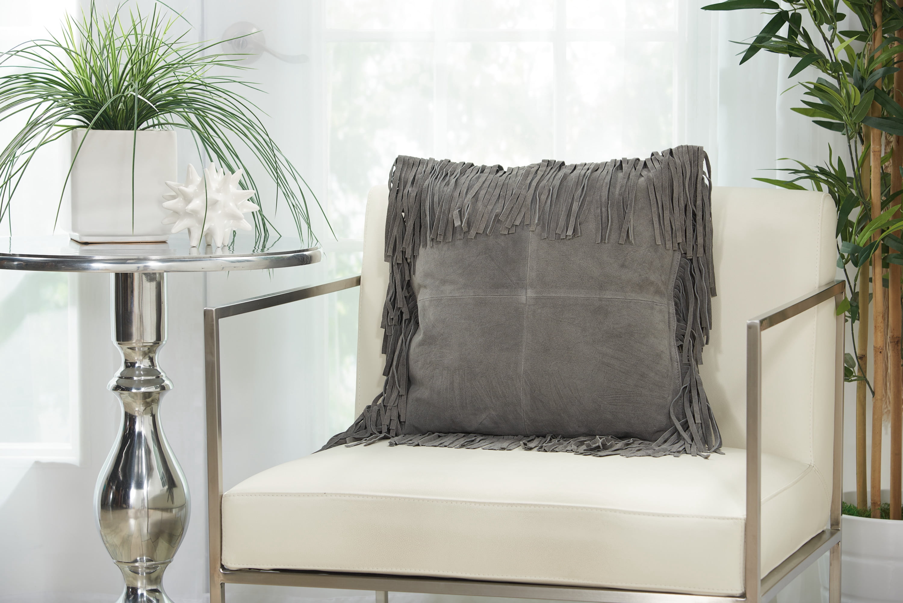 Mina Victory Couture Nat Hide Fringe Borders Grey 18" x 18" Throw Pillow