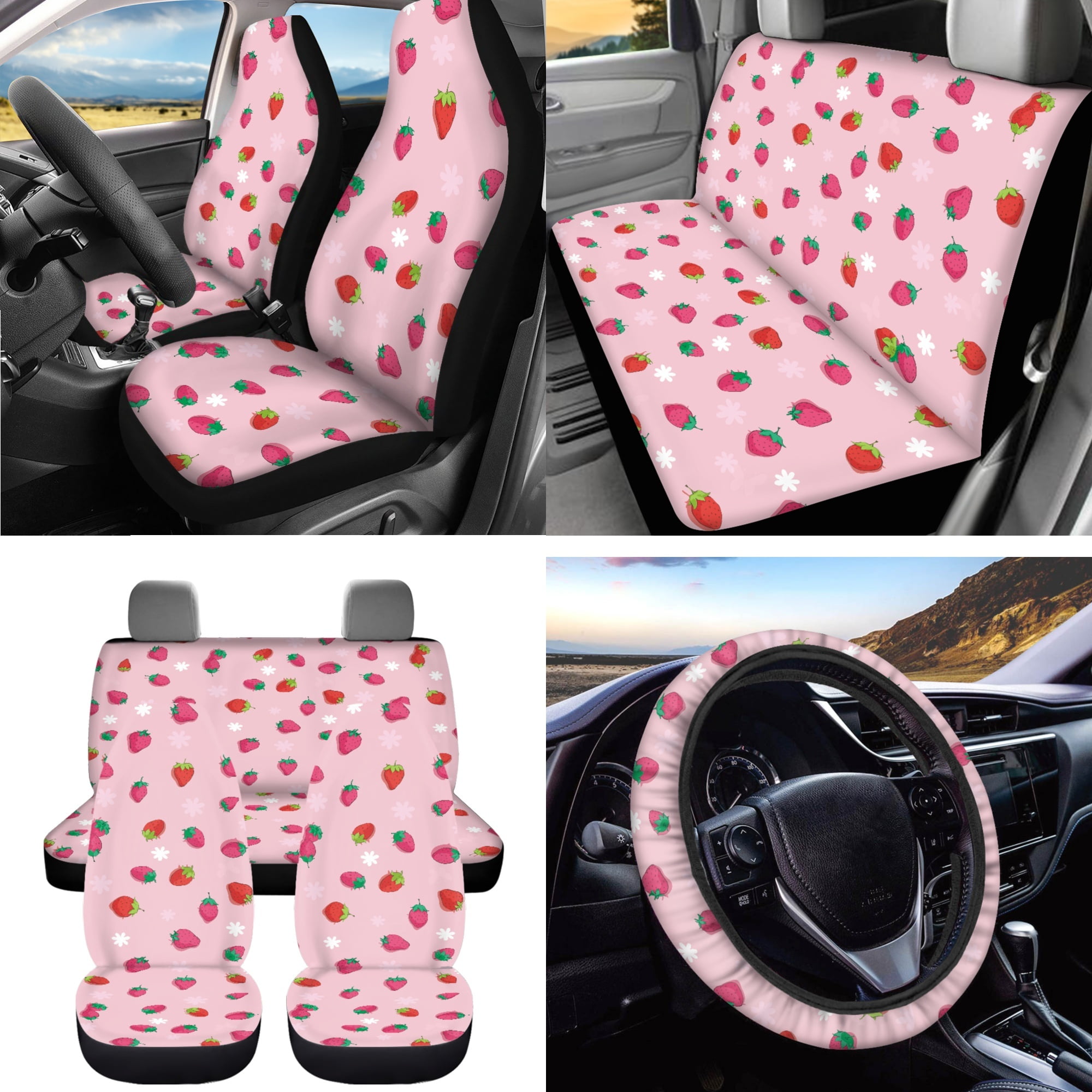 Yuyamidu Strawberry Car Seat Cover for Women Girls Pink Steering Wheel Cover Seat Belt Strap Pad Trash Bag Hanging Storage Bag Rearview Mirror Accessory Cup Holder Key Chain 15 Pieces