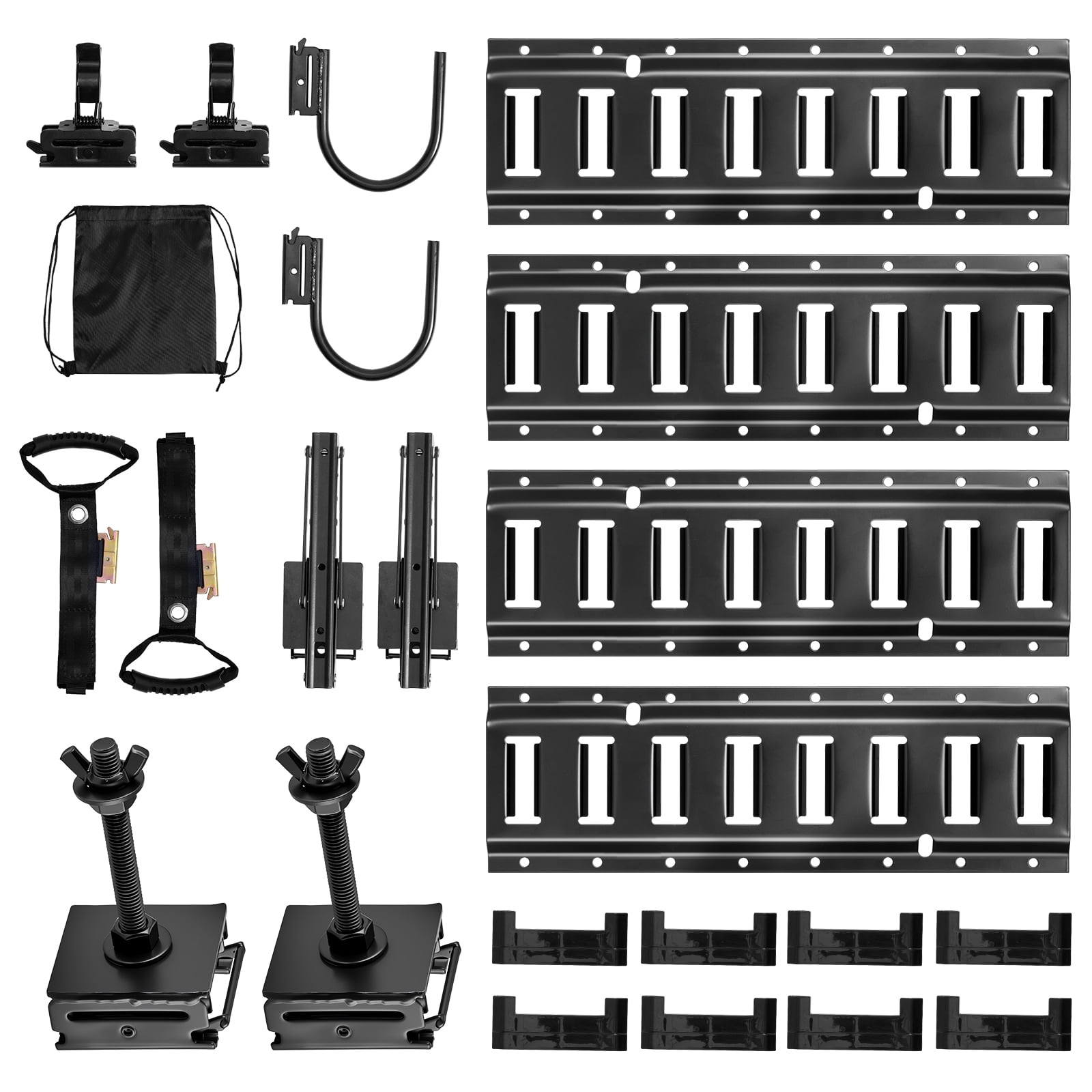 KFFKFF E-Track Tie-Down Rail Kit 4-Pack 1.3 ft Rails Includes U-Shaped Hooks Tool Holders Shelf Brackets Tire Holders Cable Storage Rings End Caps & Bag Suitable for Vans and Trailers