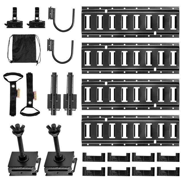 KFFKFF Kit de Fixation pour Rail E-Track, 4 Pack 1,3 Pi Rails E-Track, 2 Crochets en Forme de U, 2 Porte-Outils, 2 Supports d'Étagère pour Rail, 2 Porte-Pneus