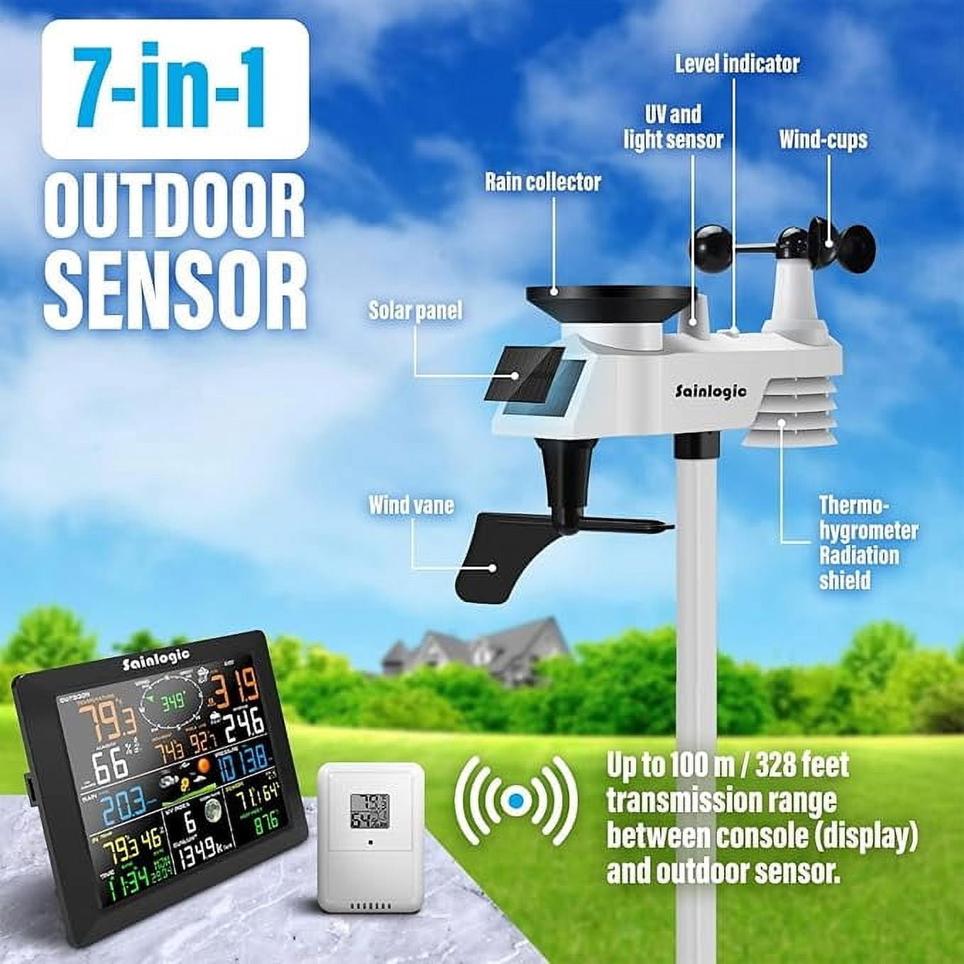 Sainlogic 8.3" Wireless Weather Station, 7-in-1 with Rain Gauge & Wind Sensor, Wifi for Home Garden Farm