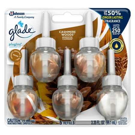 Glade Scented Oil - Glade PlugIns Scented Oil Refill Cashmere Woods, Essential Oil Infused Wall Plug In, 3.35 FL OZ, Pack of 5