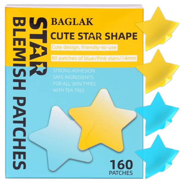 BAGLAK Parche/pegatinas para espinillas en forma de estrella para cubrir imperfecciones faciales -160 parches - Puntos hidrocoloides amarillos y azules