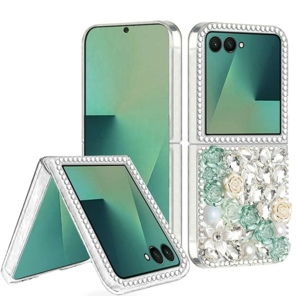 For Samsung Z Flip 7 Rose Flower Full Diamond Bling Stones - Green