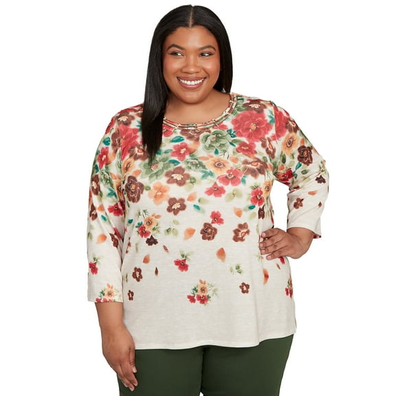 Alfred Dunner Womens Plus-Size Floral Detailed Neck Top