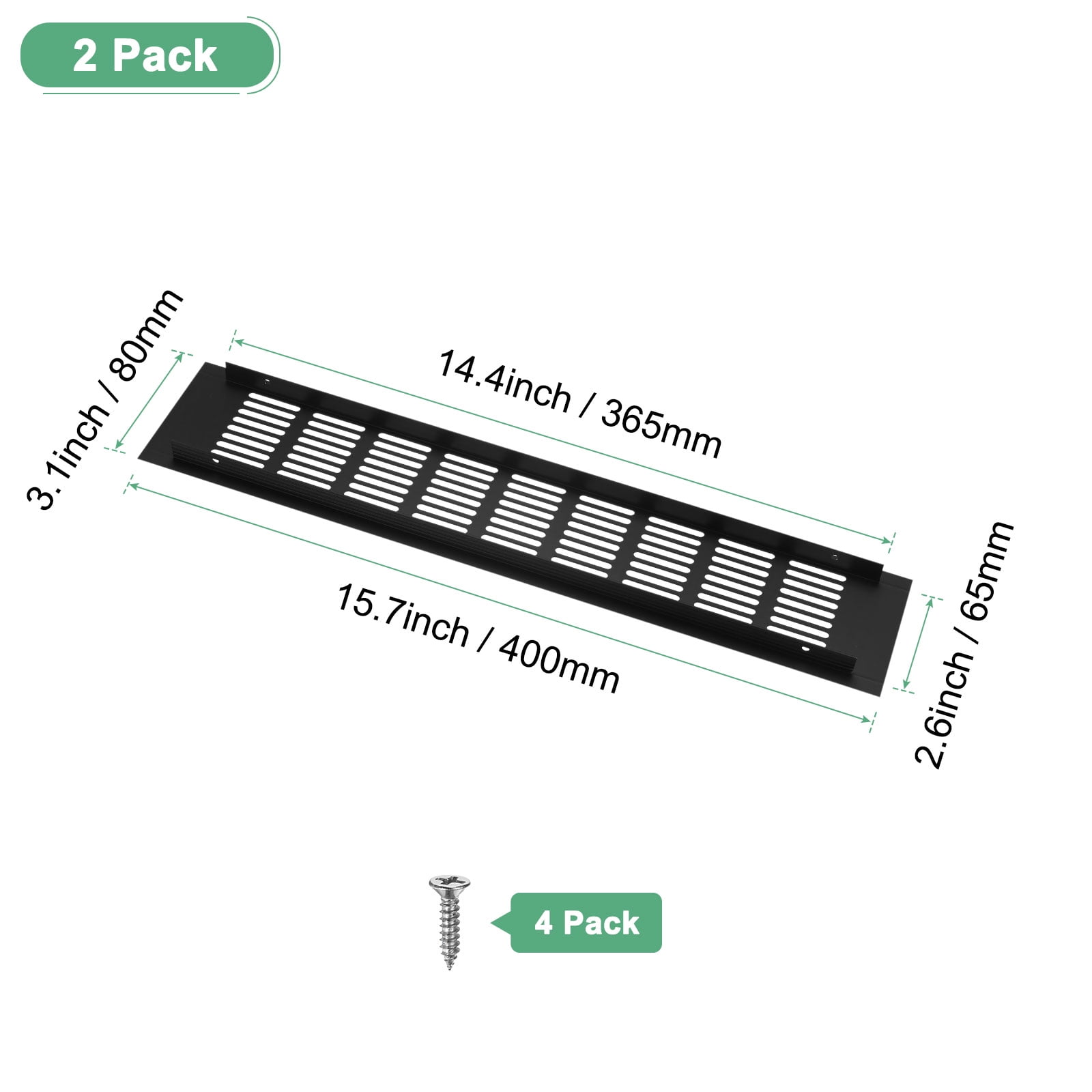 Uxcell 2-Pack Aluminum Alloy Door Air Vent Cover, 16x3"/400x80mm Ventilation Grille with Screws for Cabinet [Black]