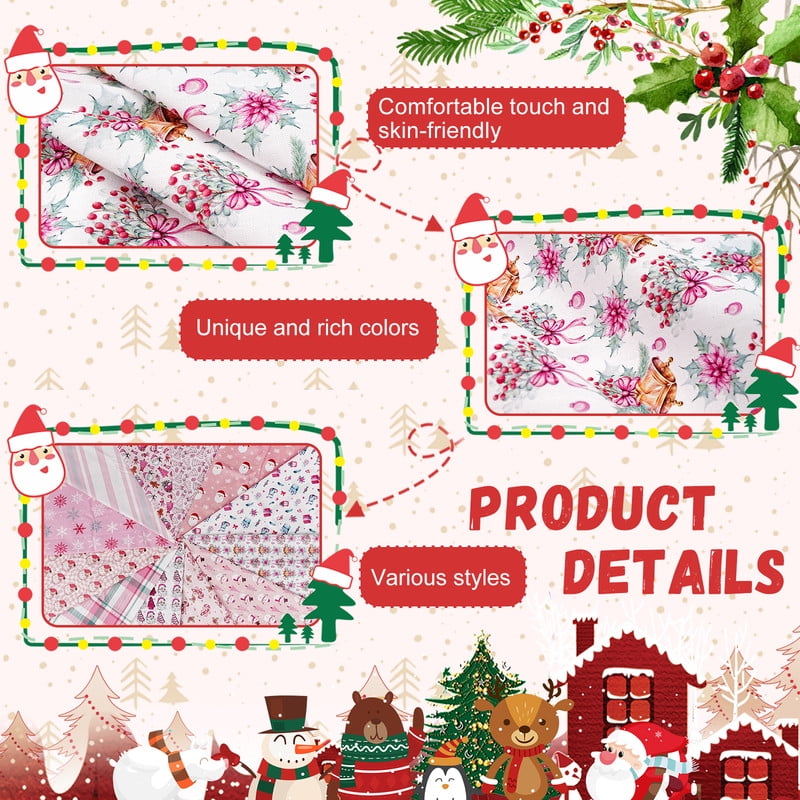 12pcs Christmas Pink Cotton Fabric Bundles 18x22 Inch Xmas Tree Santa Snowman Sewing Fabrics