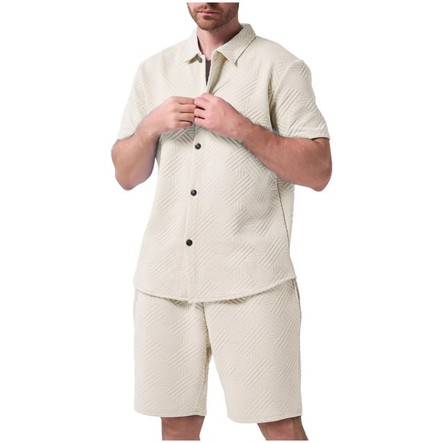 NTACZA 2 Piece Men Shorts Set Short Sleeve Button Down Tracksuits Texured Lapel Big And Tall Sweatsuits XL