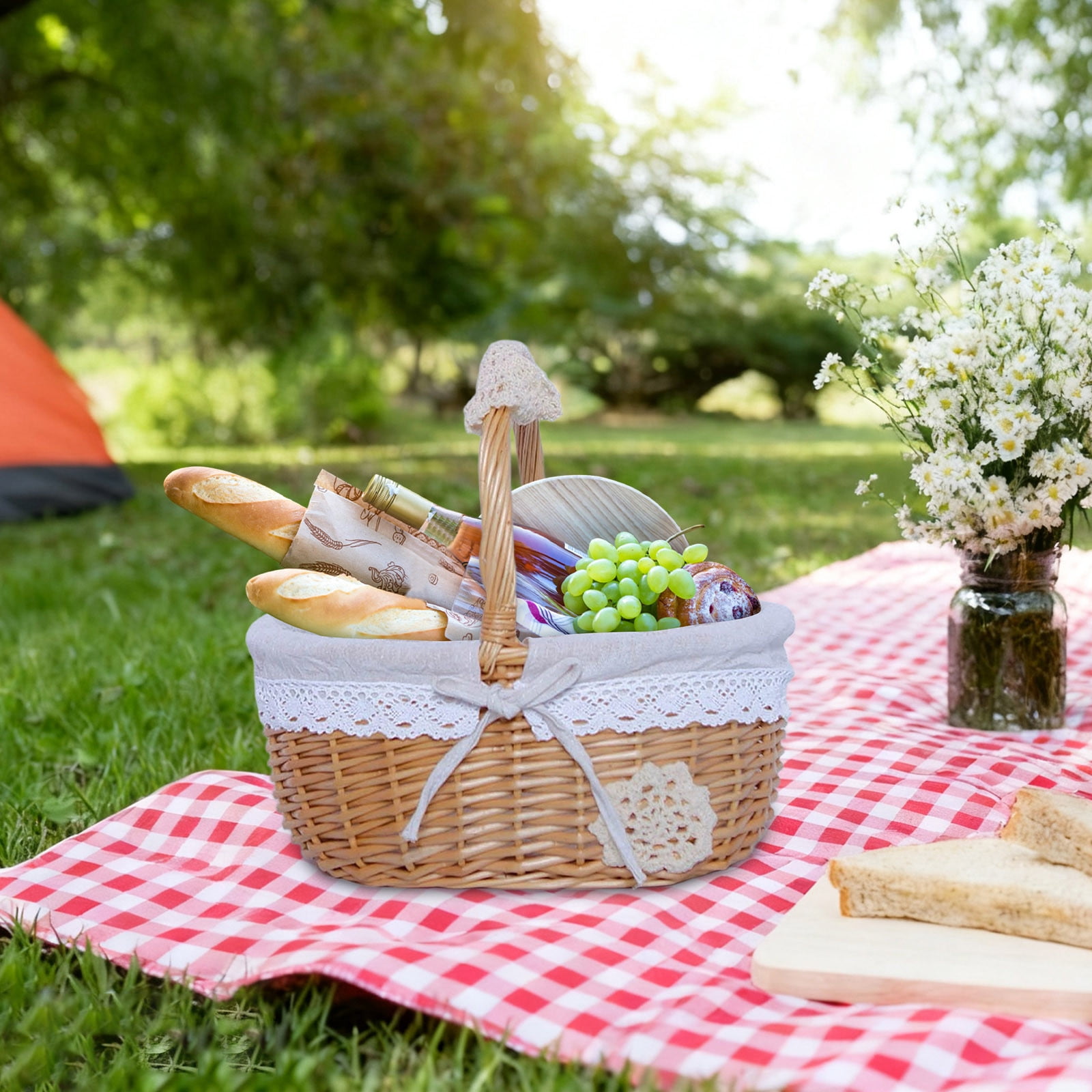 Easter, Valentine's Day Multipurpose Woven Picnic Basket, Removable Lace Bow Lining, Suitable for Indoor/Outdoor, Weddings, Gardening, Camping Picnics, Outdoor Activities, 7.8 x 6.7 x 8.6 in