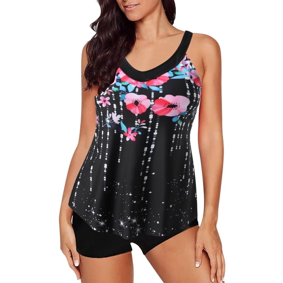 Henpk Tankini Swimsuits for Women Plus Size Two Piece Tummy Control Loose Fit Floral Printed Modest Two Piece Bathing Suits on Clearance Black M