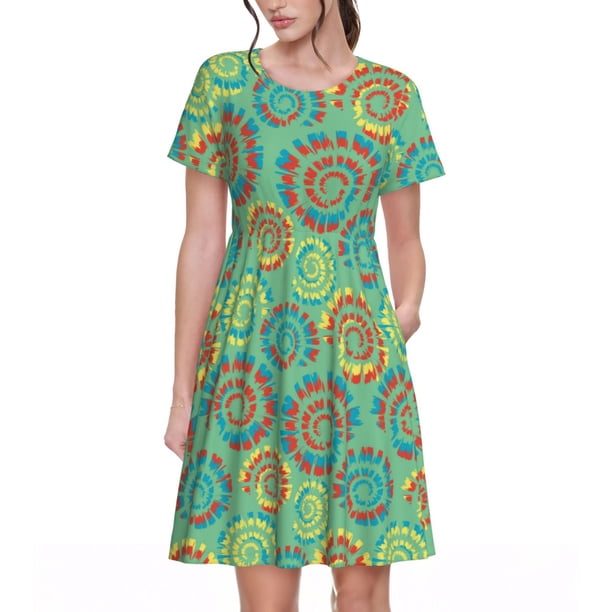 Balery Colourful Tie Dye Vestidos sueltos de manga corta para mujer, vestidos de verano 2025, vestidos casuales de corte A con vuelo.