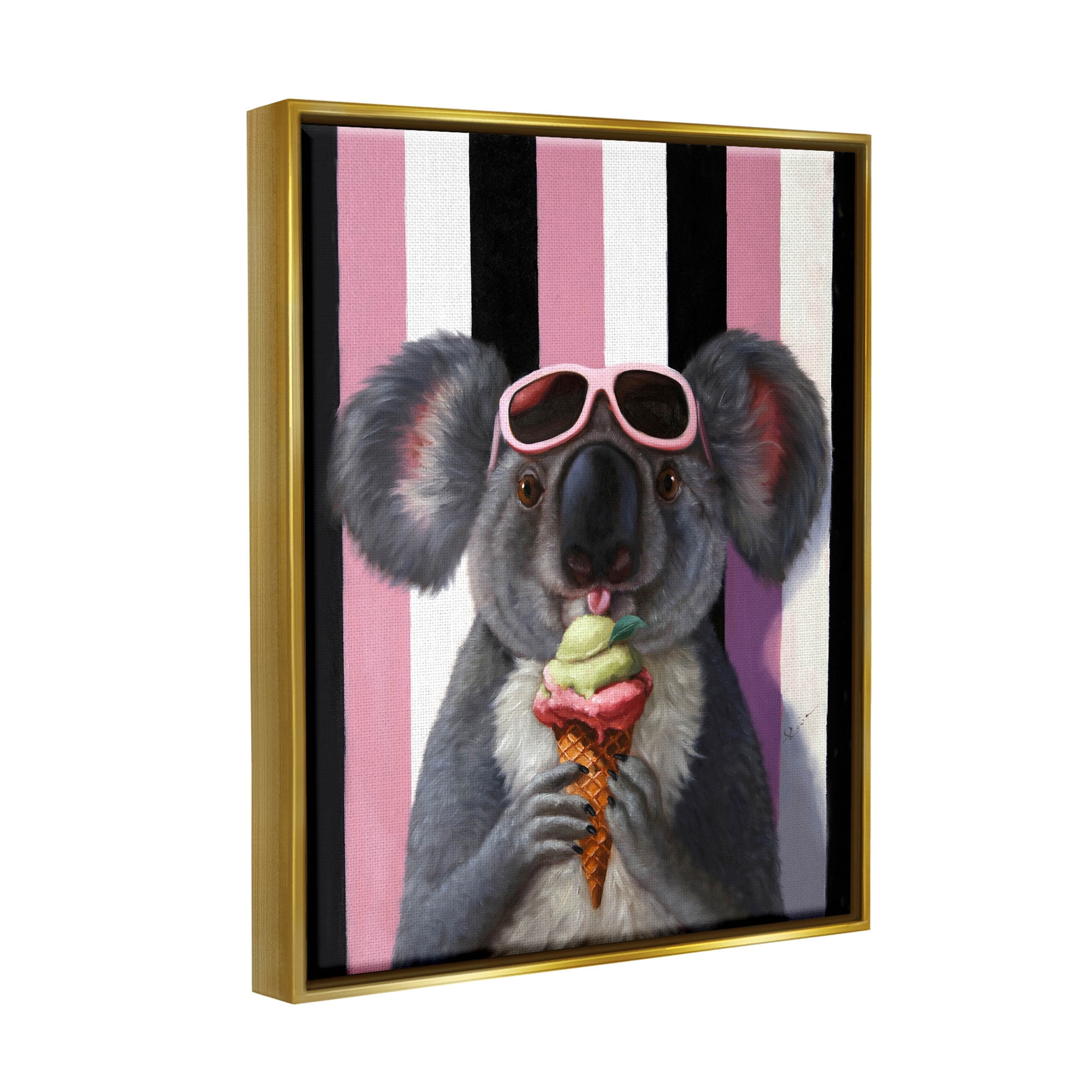 Stupell Industries Happy Koala Ice Cream Stripes Painting Metallic Gold Floating Framed Canvas Print Wall Art, Design by Lucia Heffernan