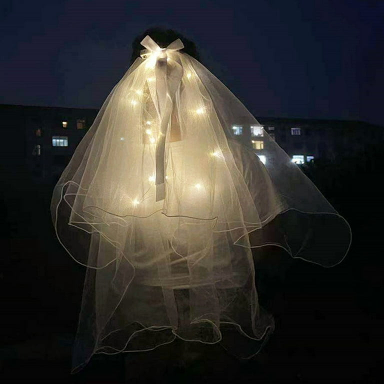 Wedding Decoration Led Light Glowing Veil Ribbon Bow Glitter Veil Two  Layers Bridal Wedding Veils Soft Tulle Accessories