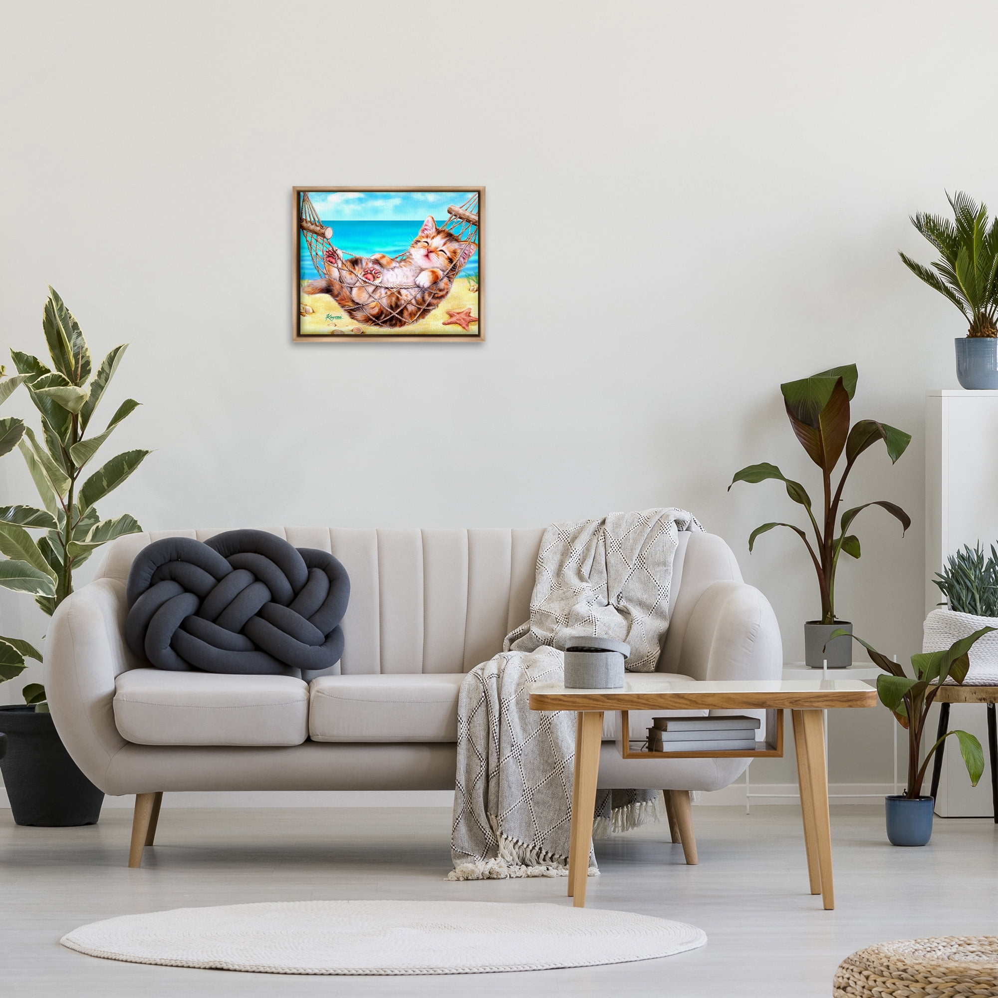 Stupell Industries Kitten in Beach Hammock Animals & Insects Painting Brown Floater Framed Canvas Art Print Wall Art, 21 x 17