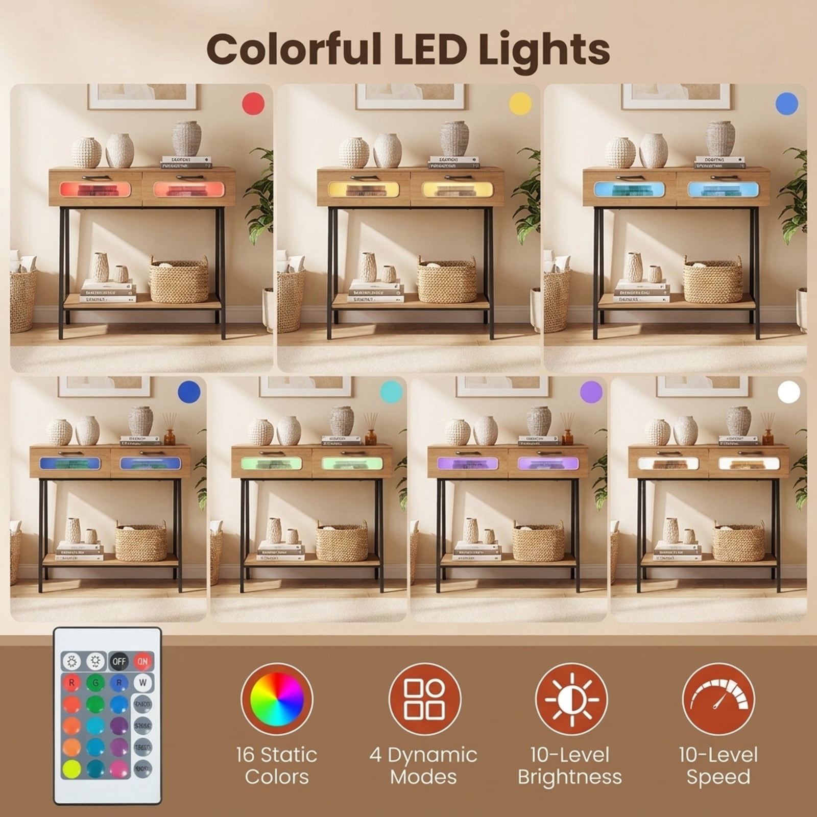 Furnibear Console Table with LED Lights and Open Shelf Entryway Table with 2 Drawers for Living Room Hallway Entrance Sofa, Natural