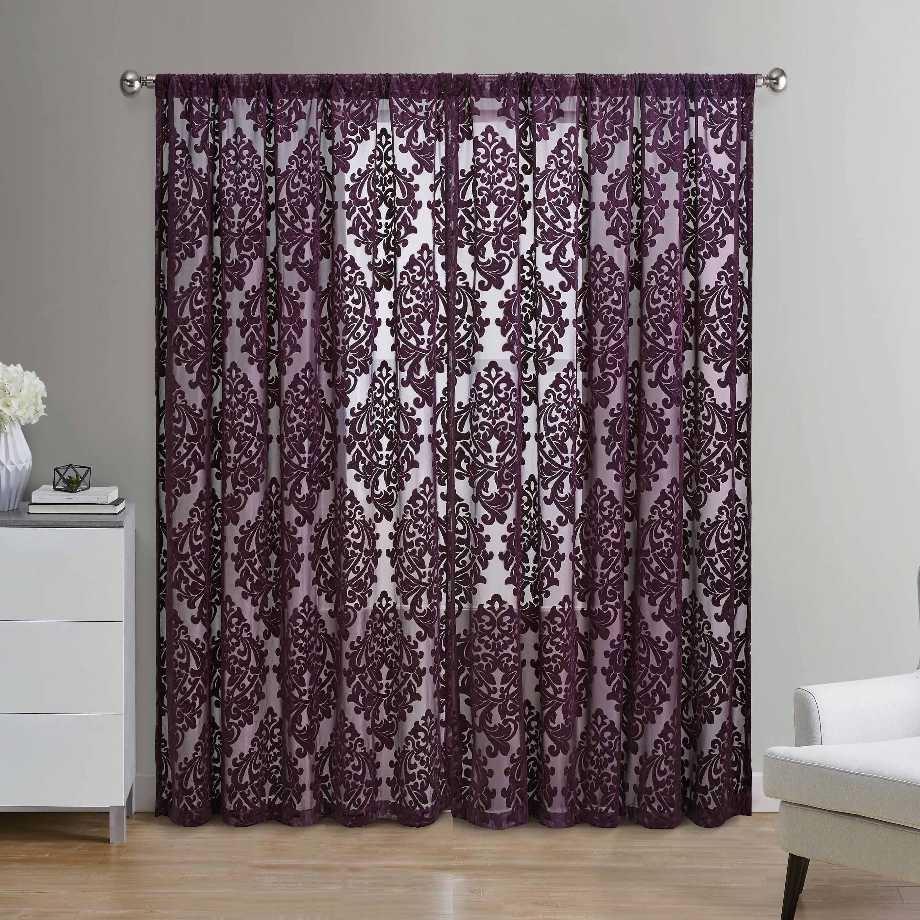 Mainstays Velvet Sheer Damask Burnout Rod Pocket Single Curtain Panel, Purple