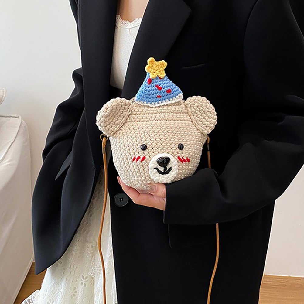 Baguery Handmade Crochet Party Hat Bear Crossbody Bag - Cute Knitted Animal Purse with Metal Frame, Mini Shoulder Bag for Women