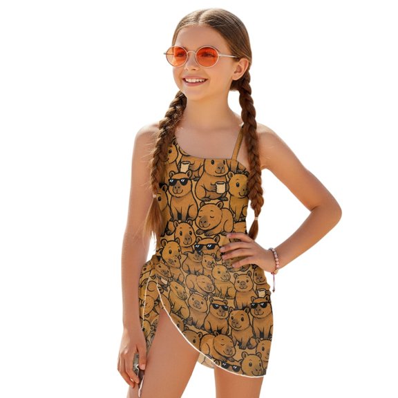 POLERO Cute Cartoon Capybara One-Piece Swimsuit with Mesh Cover Up Skirt - Quick Dry, Stretchy Swimwear for Teens & Girls, Perfect for Beach & Pool Vacations