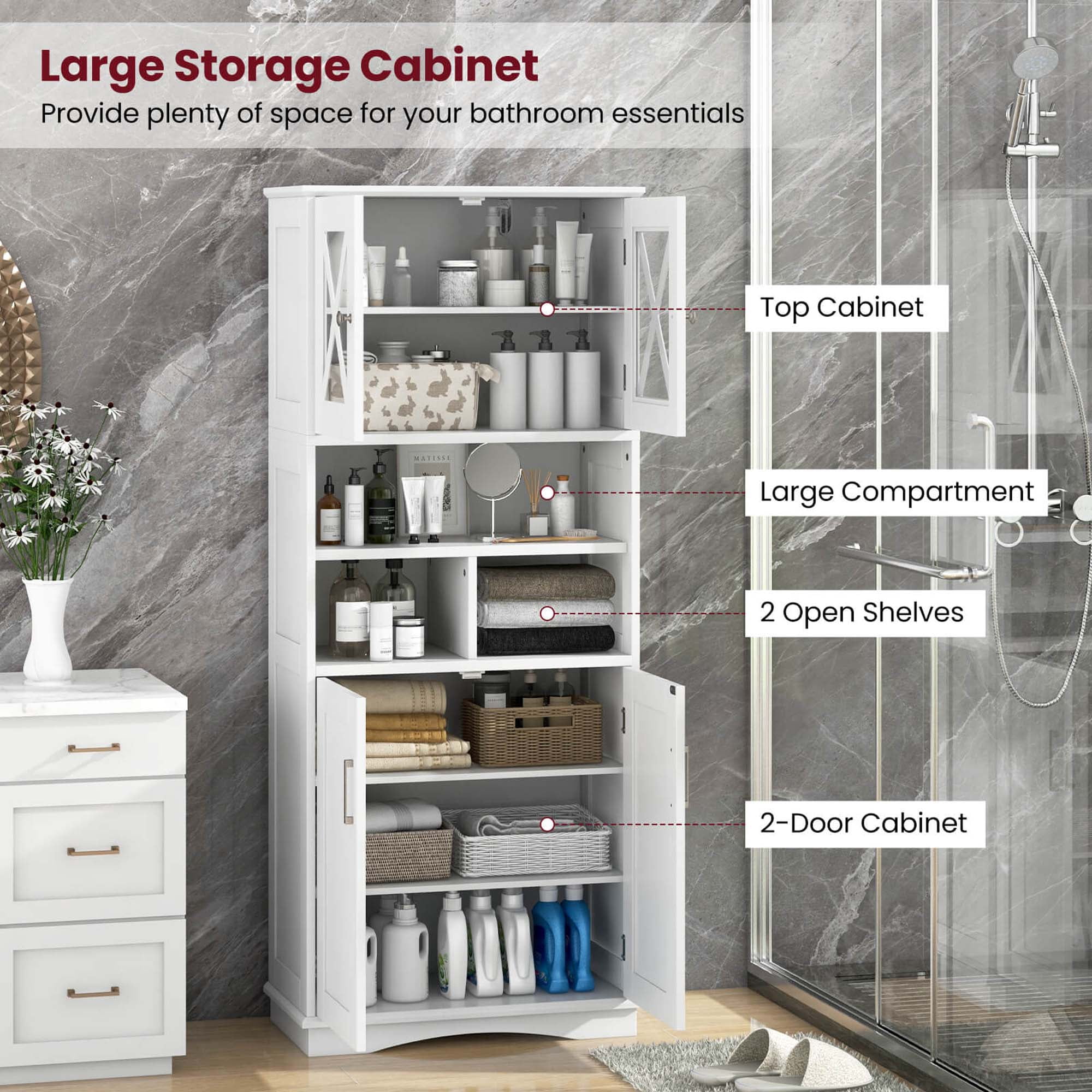 Costway Tall Bathroom Cabinet Large Floor Storage Cabinet with Acrylic Doors & 3 Cube White