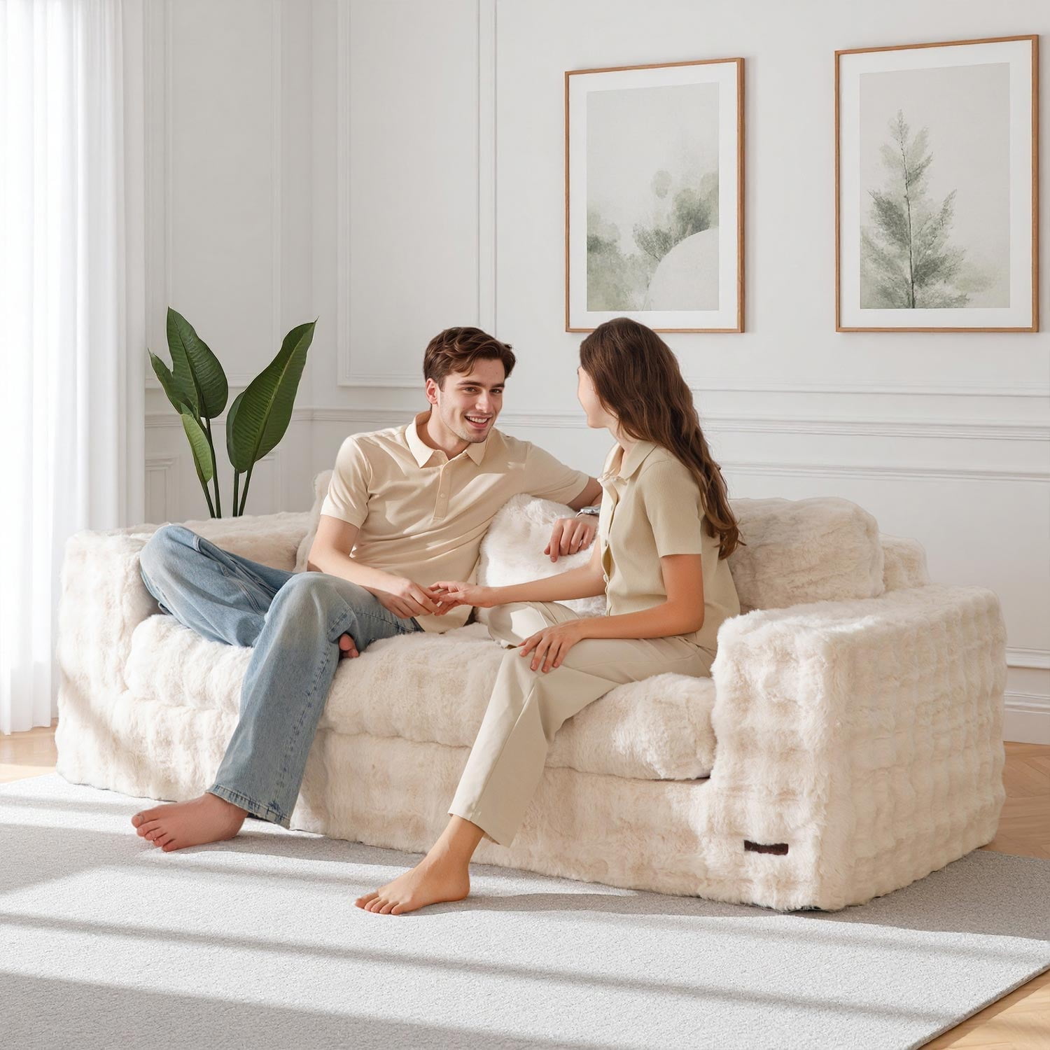 GOODONE 3 Seater Couch,Giant Bubbled Boneless Sofa Couch,Modern Comfy Floor Sofa with Armrests for Living Room and Apartments,No Assembly Required,Beige