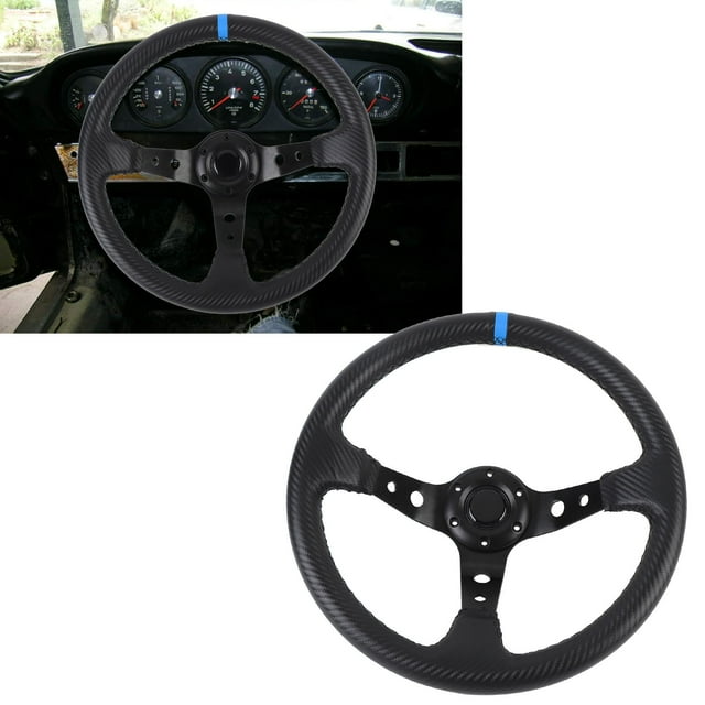 14in Car Racing Steering Wheel PVC for 6 Hole Hub Adapter Aluminum Universal Carbon Fiber Look Sport Steering Wheel with Horn Button
