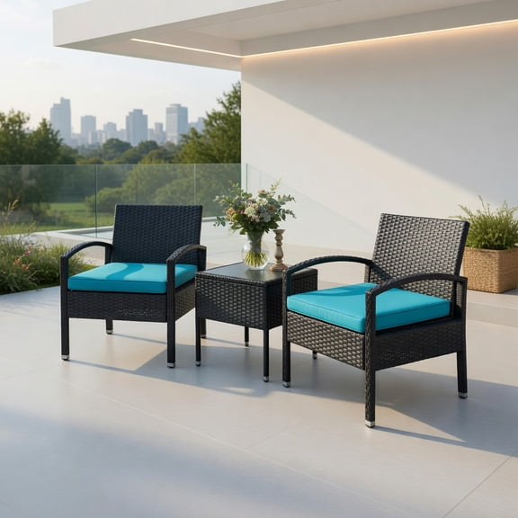 Kadyn 3-Piece Outdoor Rattan Patio Conversation Set – Black Wicker Chairs & Turquoise Cushions with Tempered Glass Coffee Table