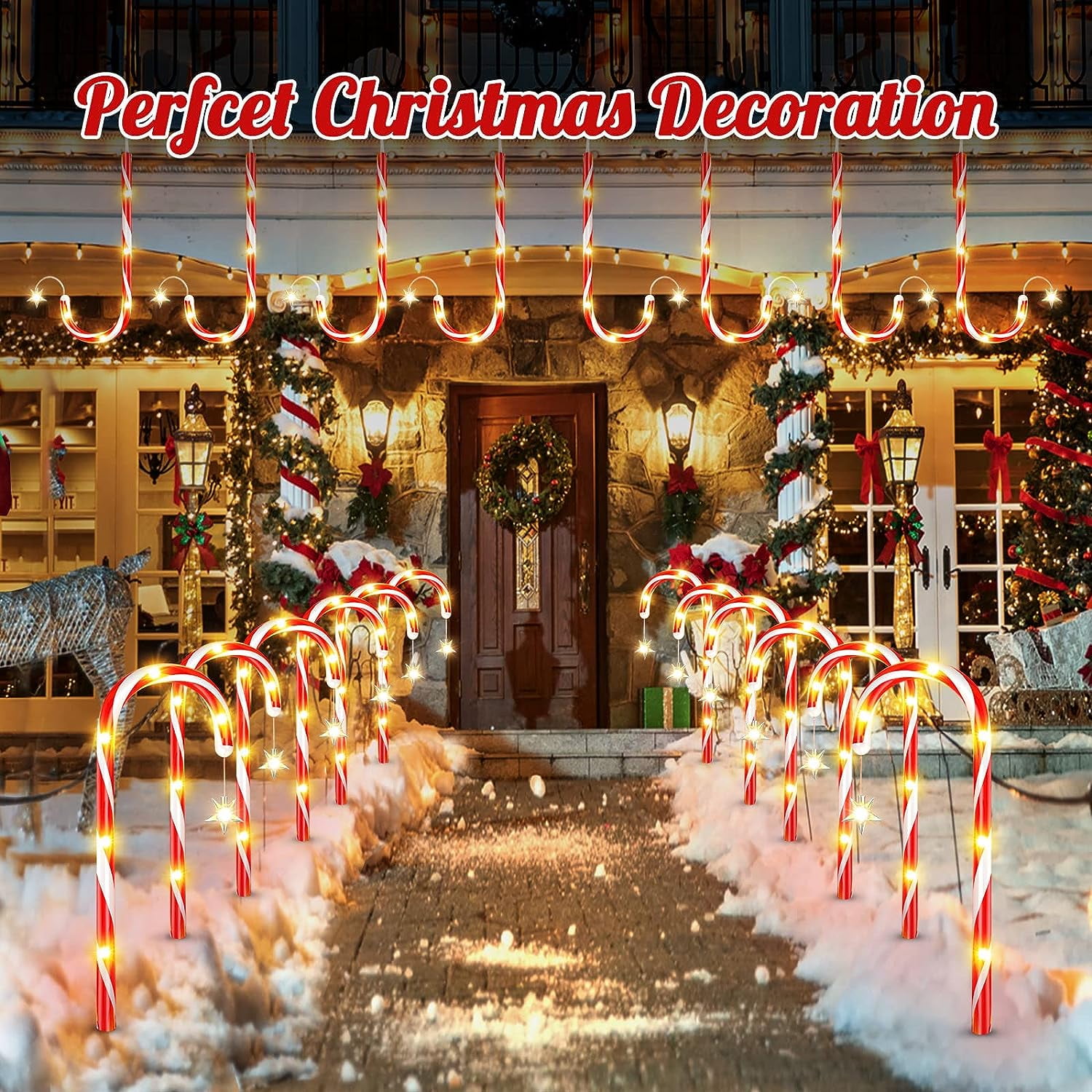 XEENSO 12 Pack Solar Christmas Candy Cane Lights, 8 Modes, Waterproof Outdoor Decorative Lights for Christmas Party Yard Garage Decor