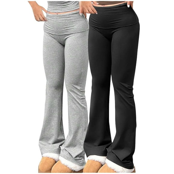Posijego 2 Pack Flare Pants for Women High Waisted Stretchy Bootcut Leggings Solid Color Bell Bottom Sweatpants