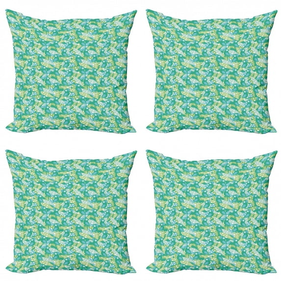 Tropical Throw Pillow Cushion Case Pack of 4, Green Tones Cartoonish Pattern of Exotic Parrots and Abstract Dotted Feathers, Modern Accent Double-Sided Print, 4 Sizes, Multicolor, by Ambesonne