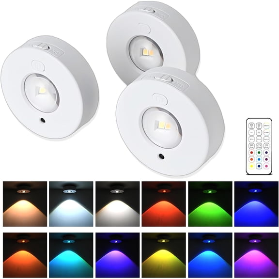 3 Pack Puck Lights LED RGB Dimmable Under Cabinet Lighting with Remote, Battery Operated Magnetic Recessed Lights for Kitchen Closet, Warm, Daylight,Cool White RGB
