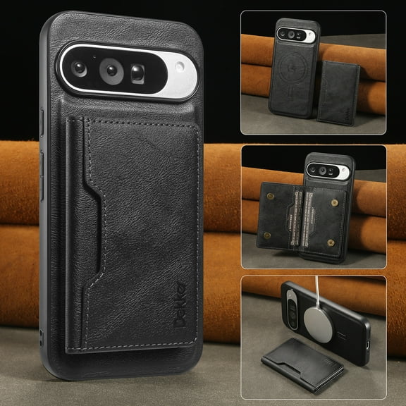 Compatible with Google Pixel 10 / 10 Pro Magnetic Detachable Wallet Case with Card Slots RFID Blocking for Women Men, Double Magnetic Clasp Kickstand Shockproof PU Leather Phone Case,Black