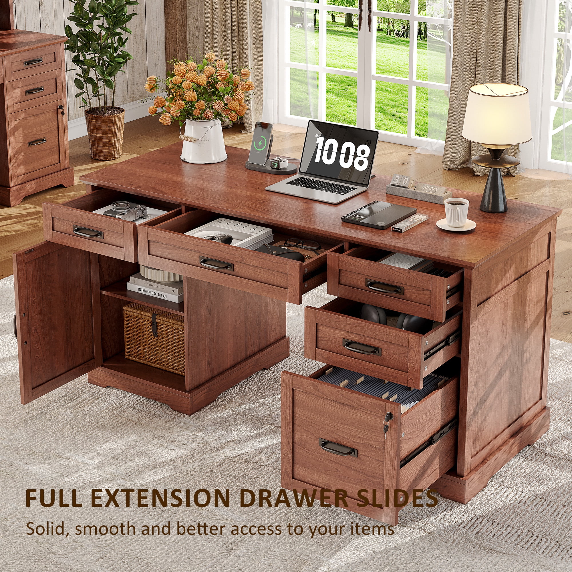 Executive Desk, 55'' Farmhouse Desk for Home Office with File Drawer and Power Outlets, Cherry Brown