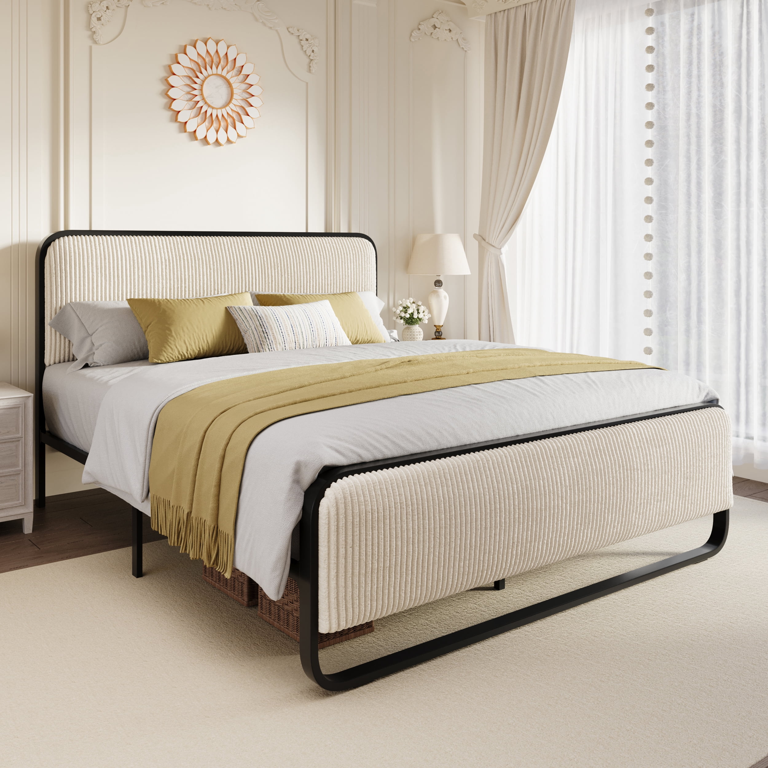 Amolife Queen Bed Frame, Upholstered Platform Bed with Velvet Curved Headboard and Footboard, No Box Spring Needed, 1000 LBS Capacity, Cream White