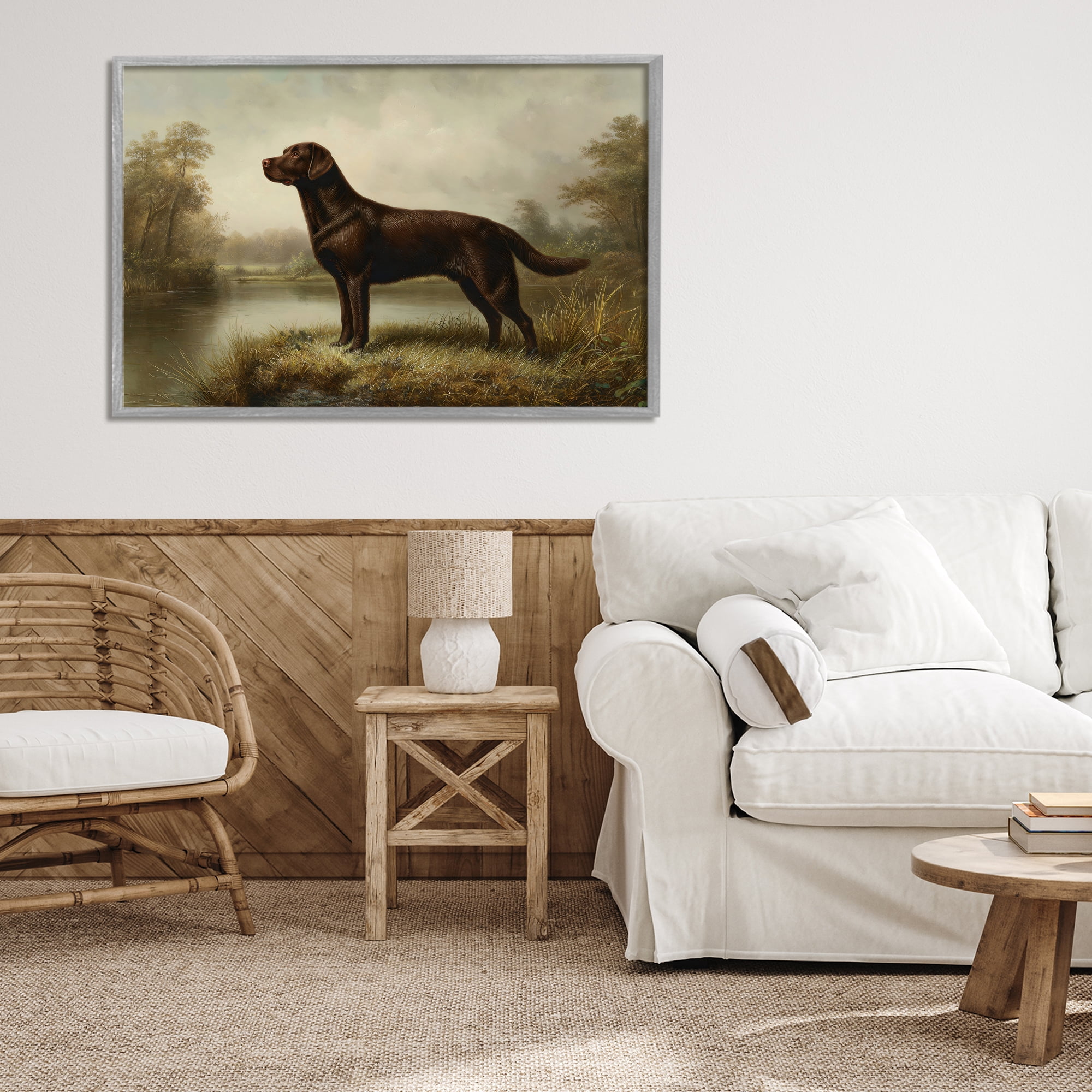 Stupell Industries On Alert Chocolate Lab Gray Framed Giclee Art, design by Petal Prints Design
