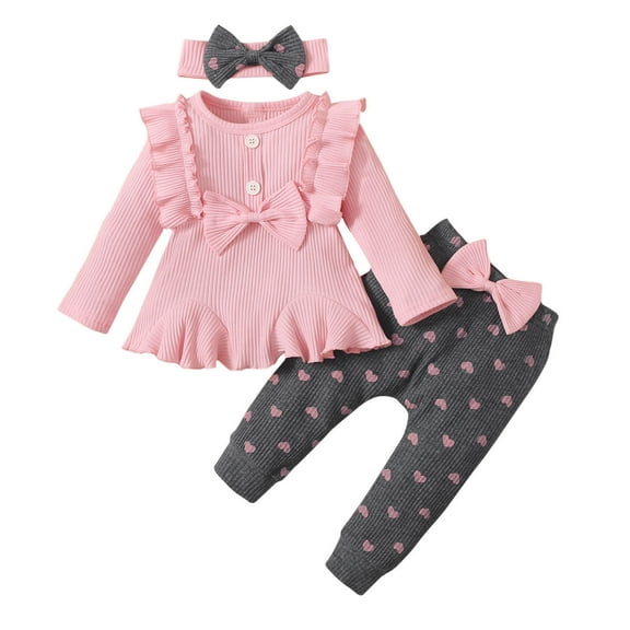 Atogsazn Baby Girls 3PCs Set Kids Ruffle Button Long Sleeve Dress and Pants Outfit with Headband Fashion Fall Clothes B-Pink 6-9 Months