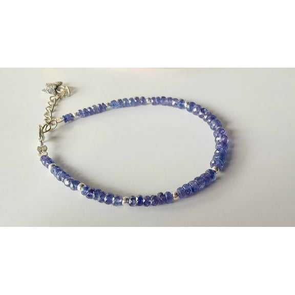 Tanzanite 3-4mm Rondelle Shape Faceted Cut Beads 7 inch Adjustable Silver Plated Clasp Bracelet for men, women, unisex. Link Chain Stacking Bracelet.|LINK_06341