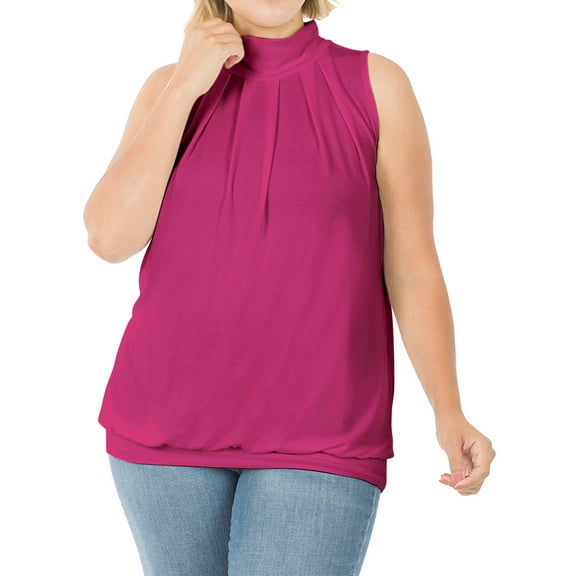 Zenana Women & Plus Sleeveless Mock-TurtleNeck Pleated Top with Waistband