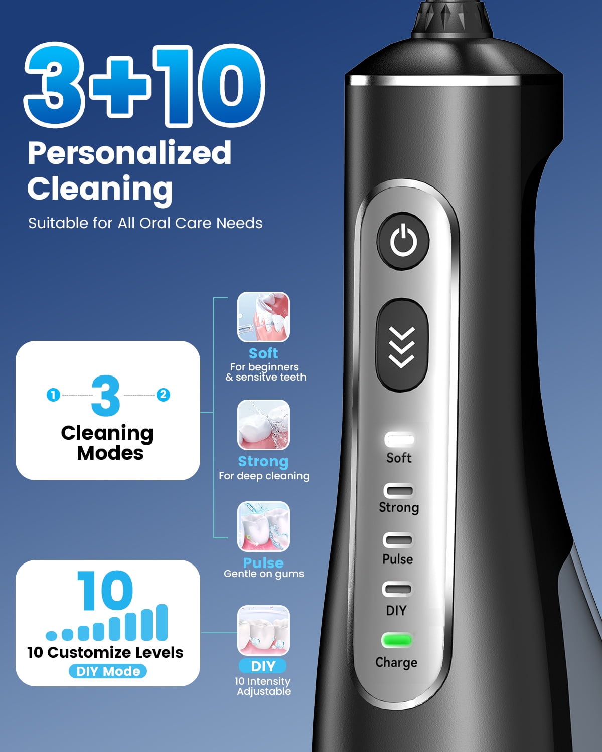 JTF Cordless Water Flosser for Teeth: 3 Modes & 10 DIY Pressure Levels Portable Oral Irrigator for Braces & Sensitive Gums with 9 Tips & 300ML Tank, Rechargeable Electric Dental Pick for Home Travel