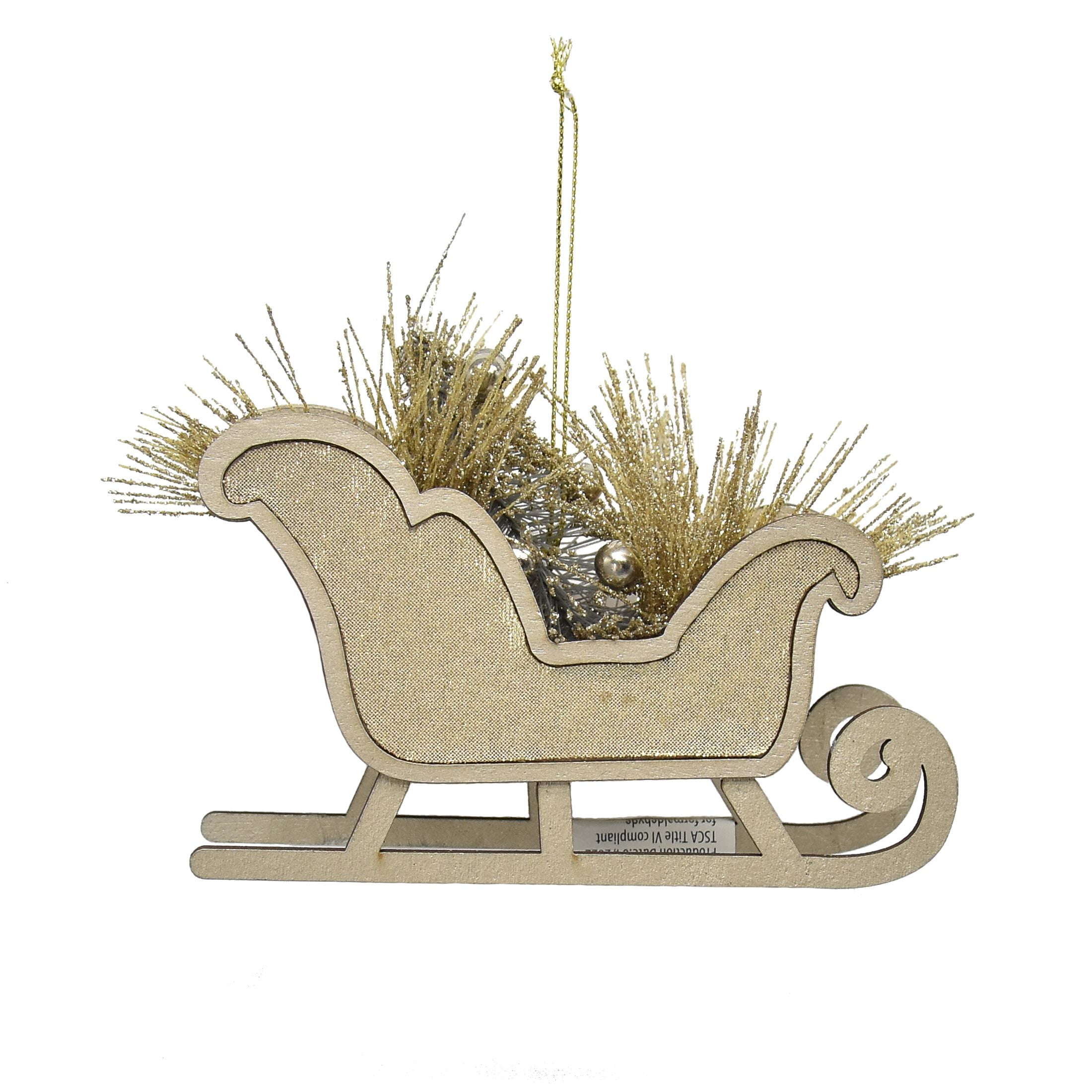 Holiday Time Gold Sleigh with Christmas Tree Decorative Accents Ornament