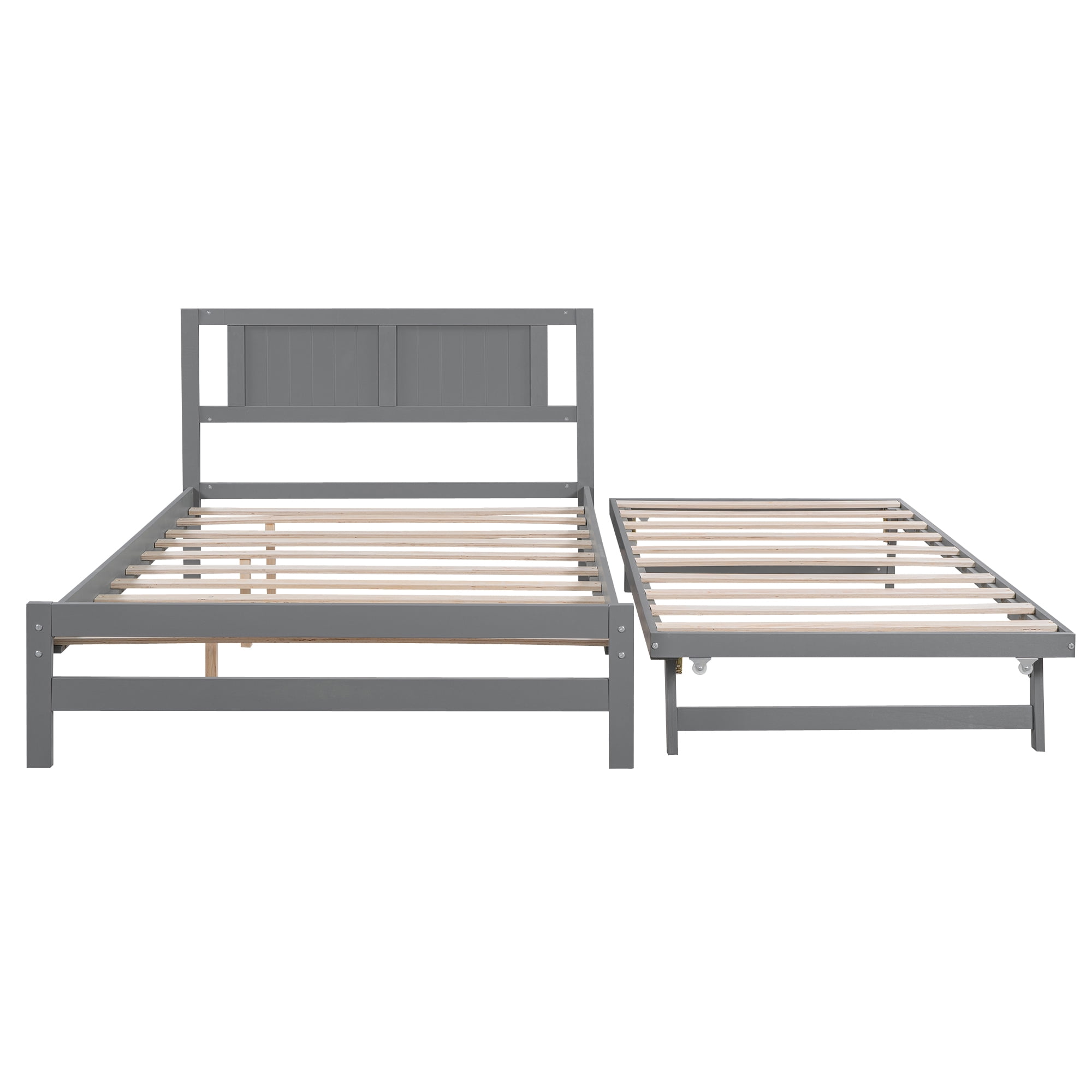 Euroco Pine Wood Full Bed with Trundle, Convertible Beds, Gray