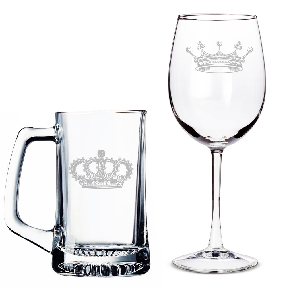 King Crown Beer Mug and Queen Tiara Wine Glass Set