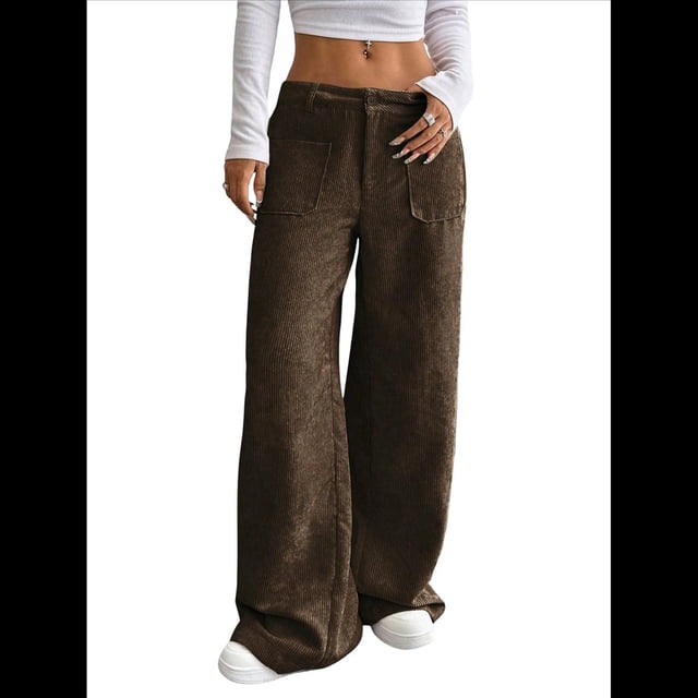 Pantalones Anchos de para Mujer, Rectos, con Botones y Cremallera Frontal, y Bolsillos Color Café L