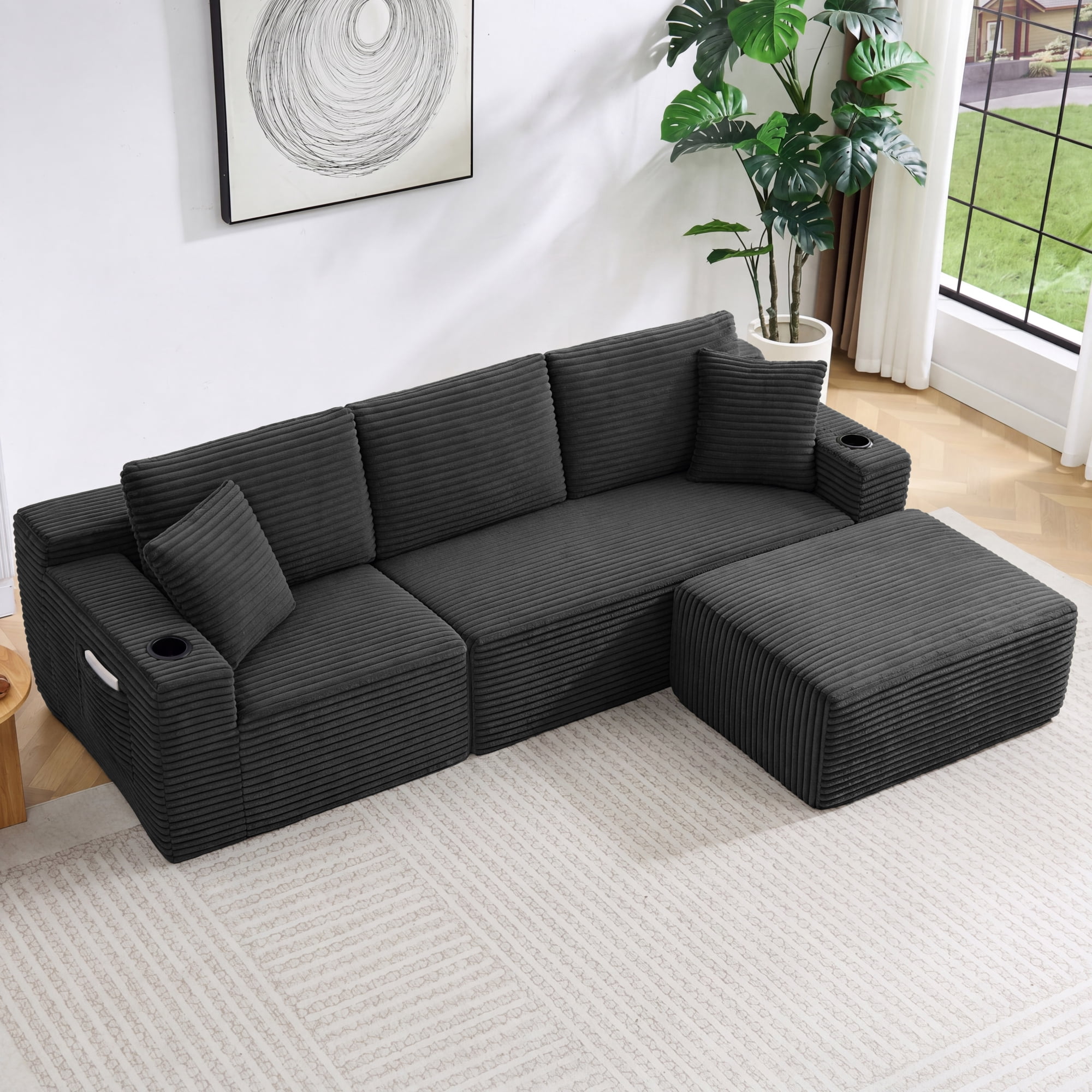 HOQBN L-Shaped Sectional Sofa with Ottoman, Corduroy 3-Seat Couch, Modern Modular Sofa for Living Room Dark Gray