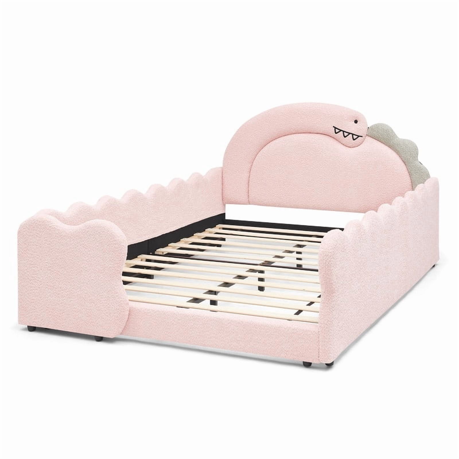 Full Size Kids Dinosaur-Shaped Platform Bed with Guardrails, Low-Profile Upholstered Boucle Fabric Playful Child Daybed Frame