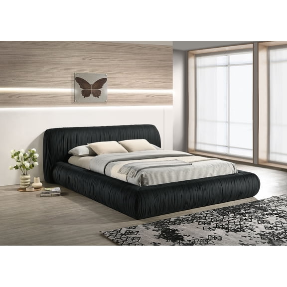 Contemporary Style 1pc Queen Size Bed Black Fabric Pleated Upholstered Bed Platform Bedframe Bedroom