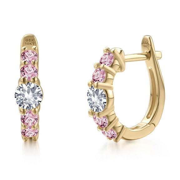 Gem Stone King 10K Yellow Gold White Created Sapphire and Pink Lab Grown Diamond Hoop Earrings for Women | 0.98 Cttw | Gemstone September Birthstone | Round 4MM