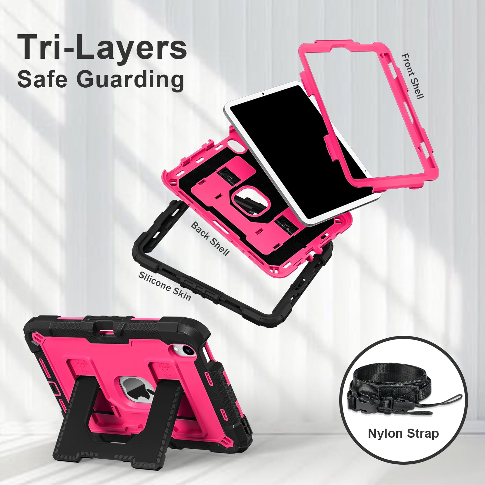 Dteck Case for iPad Mini 7 (A17 Pro) 2024 / Mini 6 2021 8.3 inch,Heavy Duty Kickstand Case with Shoulder Strap Shockproof Rugged Cover Built-in Pencil Holder for Pad Mini 7th/6th Gen 8.3",Black+Rose