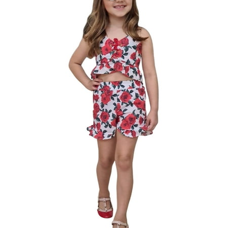 

Sunisery Kids Baby Girls Summer 2Pcs Outfit Sets Sleeveless V Neck Bandage Tank Tops+Elastic Band Ruffle Shorts Red 3-4 Years