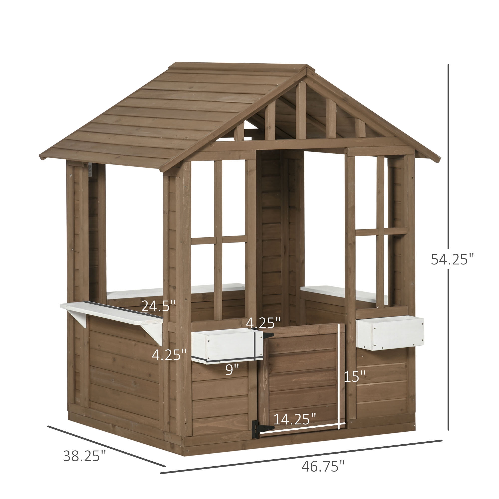 Baby Furniture, Kids Wooden Playhouse, Outdoor Garden Games Cottage, with Working Door, Windows, Flowers Pot Holder, 47" x 38" x 54", Brown Kids Furniture,Wood Kids Furniture